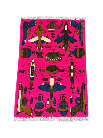 Pink Afghan War Rug Handmade Wool Rug with Fighter Jets, & Tanks